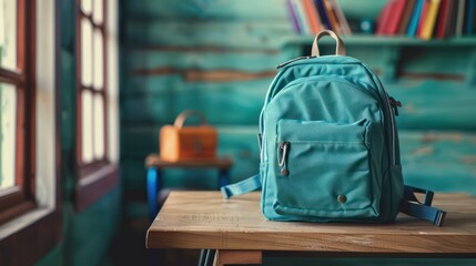 A backpack on a school desk. Isolated background. Back to school concept