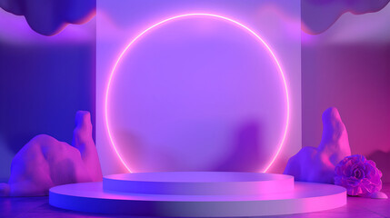 Geometric pedestal to display cosmetic products Stage performance on a studio podium The 3D background product shows the glowing neon scene of the stage podium room.