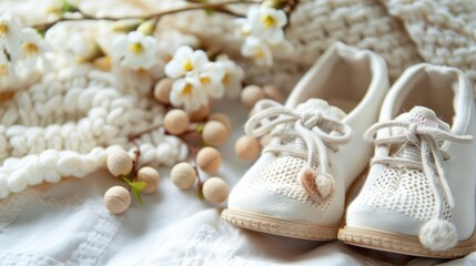 Fototapeta na wymiar Baby shoes and teethers. Organic newborn accessories. copy space