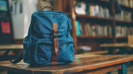 A backpack on a school desk. Isolated background. Back to school concept