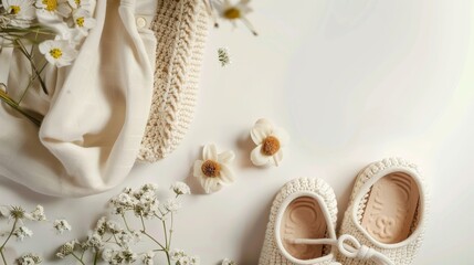 Baby shoes and teethers. Organic newborn accessories. copy space