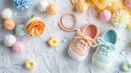 Baby shoes and teethers. Organic newborn accessories. copy space