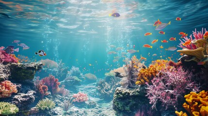 Obraz premium Underwater Scene with Diverse Coral and Fish in Blue Tones, Perfect for Aquariums and Nature Documentaries