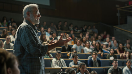 Expert lecturer passionately conveys knowledge to a hall full of engaged students.