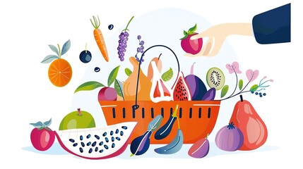 A variety of fruits and vegetables are arranged in a basket and on the table. The hand is picking up an apple. The background is white.