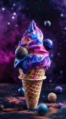 Cosmic ice cream cone with vibrant planetary decorations