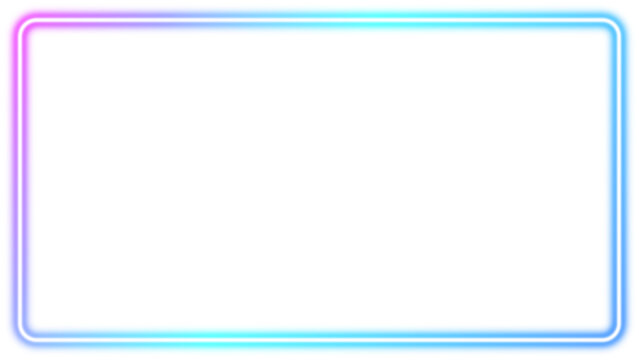 Blue and pink gradient rectangle neon frame, light sign box, outline border with space for text with 15x8scale ratio for web presentation, thumbnail, banner, 16x9 work project, pngtransparent.