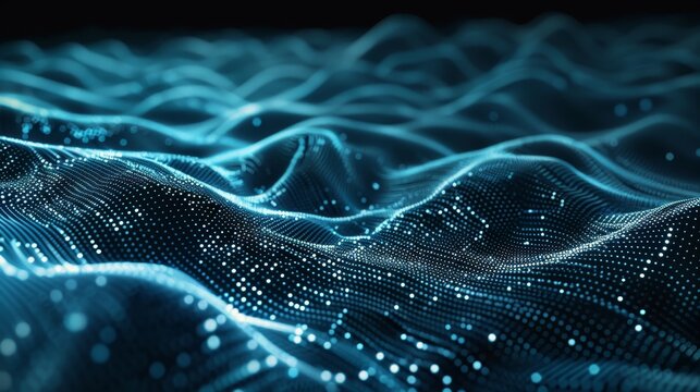 Glowing Blue Particle Waves, Suitable for Quantum Physics and Digital Data Visualization