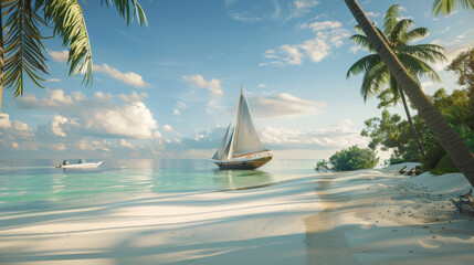Sailing into serenity, a yacht glides on calm waters towards a dreamy tropical island oasis.
