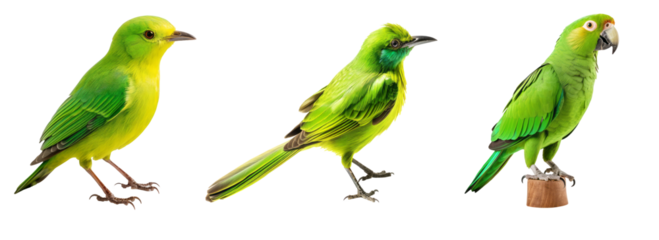 Set of green birds on png background.