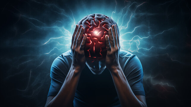 A man is depicted with his hands clutching his head, his face contorted in agony. The experience of neurological pain and destress. Generative AI.