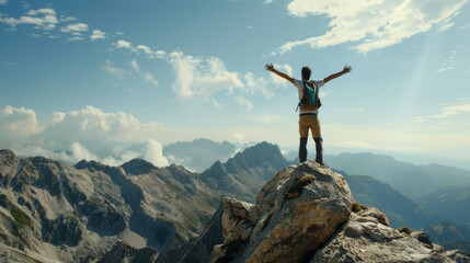 Obraz premium Hiker with backpack rejoices, arms wide open overlooking a sun-kissed mountain range.