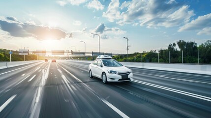 Autonomous Cars on Highway at Sunset, Ideal for Future Transportation and Smart Vehicle Technology