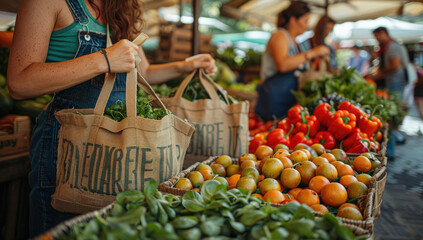 A person shopping at an organic market with jute tote bags filled with fresh produce and fruits. Created with Ai