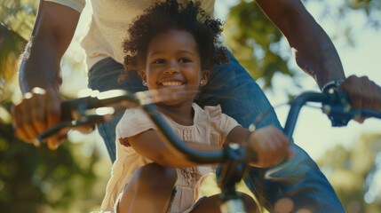 Joyful toddler relishes her first bike ride with father's guidance, in a sunny park.