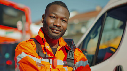 Confident emergency responder poses in front of a rescue vehicle.