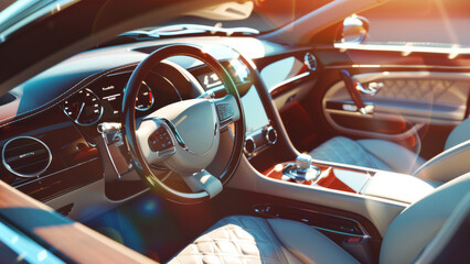 Inviting luxury car interior with sunlight highlighting the steering wheel and controls.