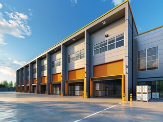 Logistics flat design front view warehouse theme 3D render Tetradic color scheme