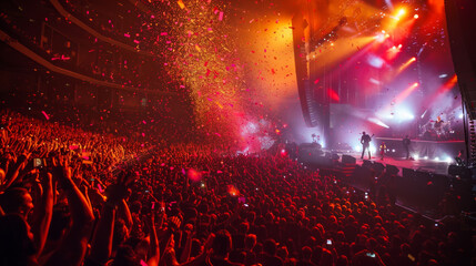 Energetic concert crowd immersed in a vibrant confetti explosion.