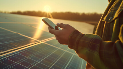 Close-up of young engineer's hand analyzing data on solar panel, phone background In the solar power station, clean, renewable energy is installed.