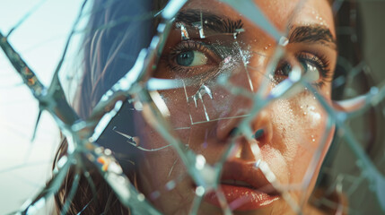 Woman's intense gaze through a cracked glass, symbolizing broken perception.