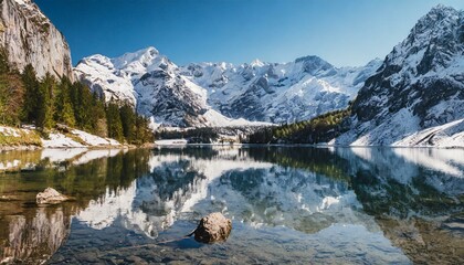 Majestic snow-capped mountains reflecting in a crystal-clear alpine lake.
