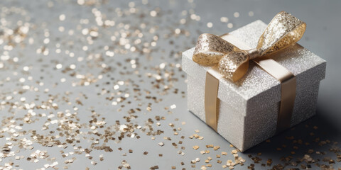 White gift box with golden ribbon bow. Elegant present box with gold bow on table with golden confetti, copy space. Beautiful Background for greeting card for Birthday, Holiday, Christmas, Wedding