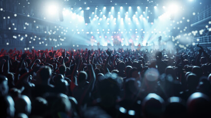 Fototapeta premium Pulsating energy of a concert crowd, basked in the glow of hypnotic stage lights.