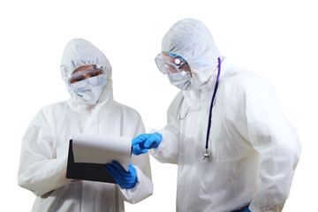 Medical team in personal protective Equipment or PPE clothing researching and discussing for...