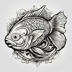 tattoo old school fish black and white, Generative AI