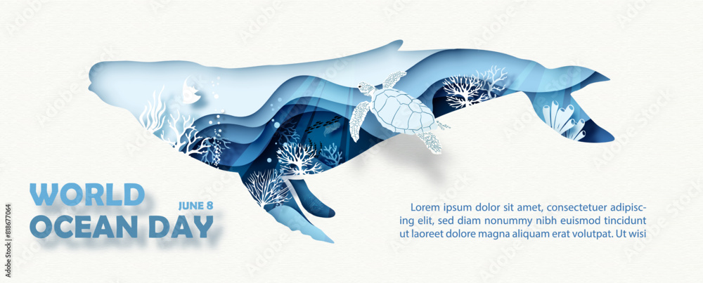 Poster poster campaign of world ocean day and scene of under the sea and ocean in a whale shape with layers