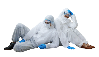 Medical team in personal erotective equipment or PPE cloth sitting and so tried after treat patients infected with the Covid 19 virus and treatment in lab of hospital in Thailand