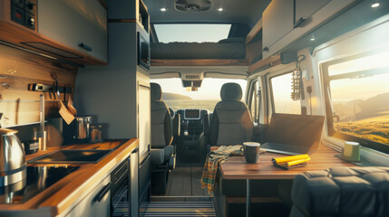 Golden hour light bathes an inviting camper van interior, ready for an adventure.