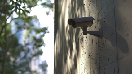 A solitary security camera against a textured wall, vigilant in the soft daylight.