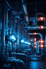 Illuminated industrial pipes and valves with glowing lights