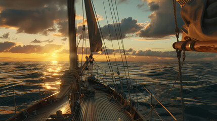 Sunset hues paint the sky as a sailboat glides through the ocean, a voyage into the evening.