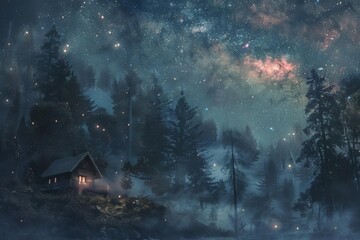 atmospheric night landscape painting secluded cabin woods misty starry sky nature art serene calm solitude escape rustic cozy adventure wanderlust 