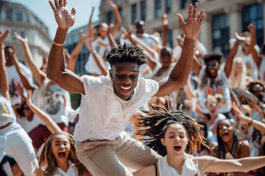 multicultural group of young dancers captured mid-jump during a performance in a bustling city square