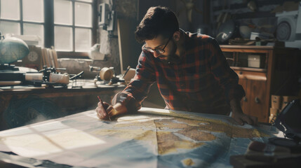 An explorer intently marks a large map spread across the table in warm light.