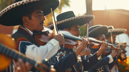 Mariachi band plays soulful music at sunset, their melodies embrace the culture.