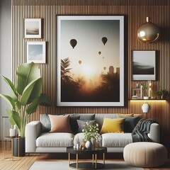 A living Room with a mockup poster empty white and with a couch and a picture on the wall art image art meaning attractive.