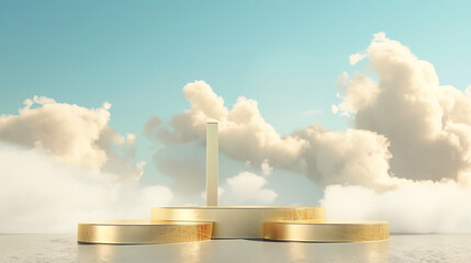 3D surreal presentation. Golden pedestal floating in the air amidst clouds, beauty cosmetics product placement. Show products, promote products