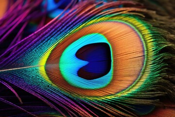 Obraz premium Detailed close-up shot of a colorful peacock feather showcasing its intricate patterns