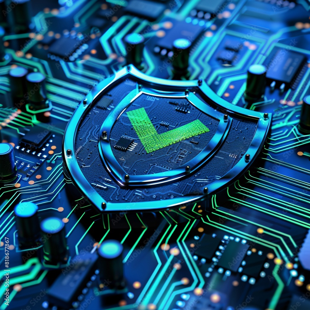 Poster close-up of a motherboard detailed with a secure shield and green circuits, representing cybersecuri