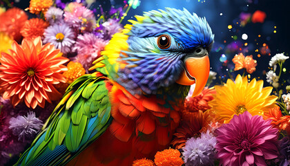 Painted rainbow lorikeet bird surrounded by colorful flowers. AI generated illustration.