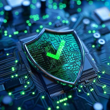 Close-up of a secure computer microchip with a shield and check mark, symbolizing cybersecurity and data protection. Green and blue colors dominate.