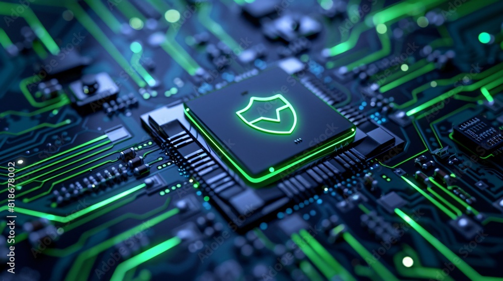 Poster close-up of a secure microchip with a shield icon illuminated in green, symbolizing digital security