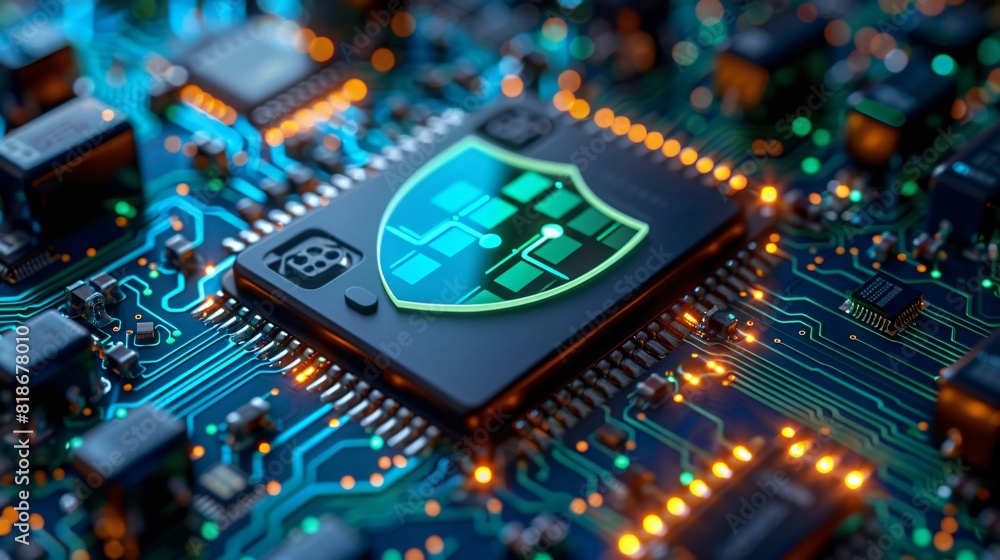 Poster close-up of a security chip on a vibrant circuit board, symbolizing cybersecurity in advanced techno
