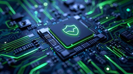 Close-up of a secure microchip with a shield icon illuminated in green, symbolizing digital security and protection.