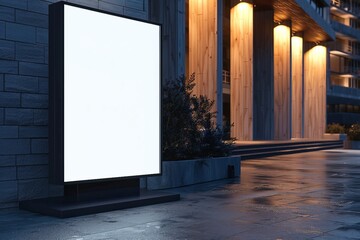 Black lightbox on the city street. Wood facades of modern buildings in background. 3d render. generative ai.